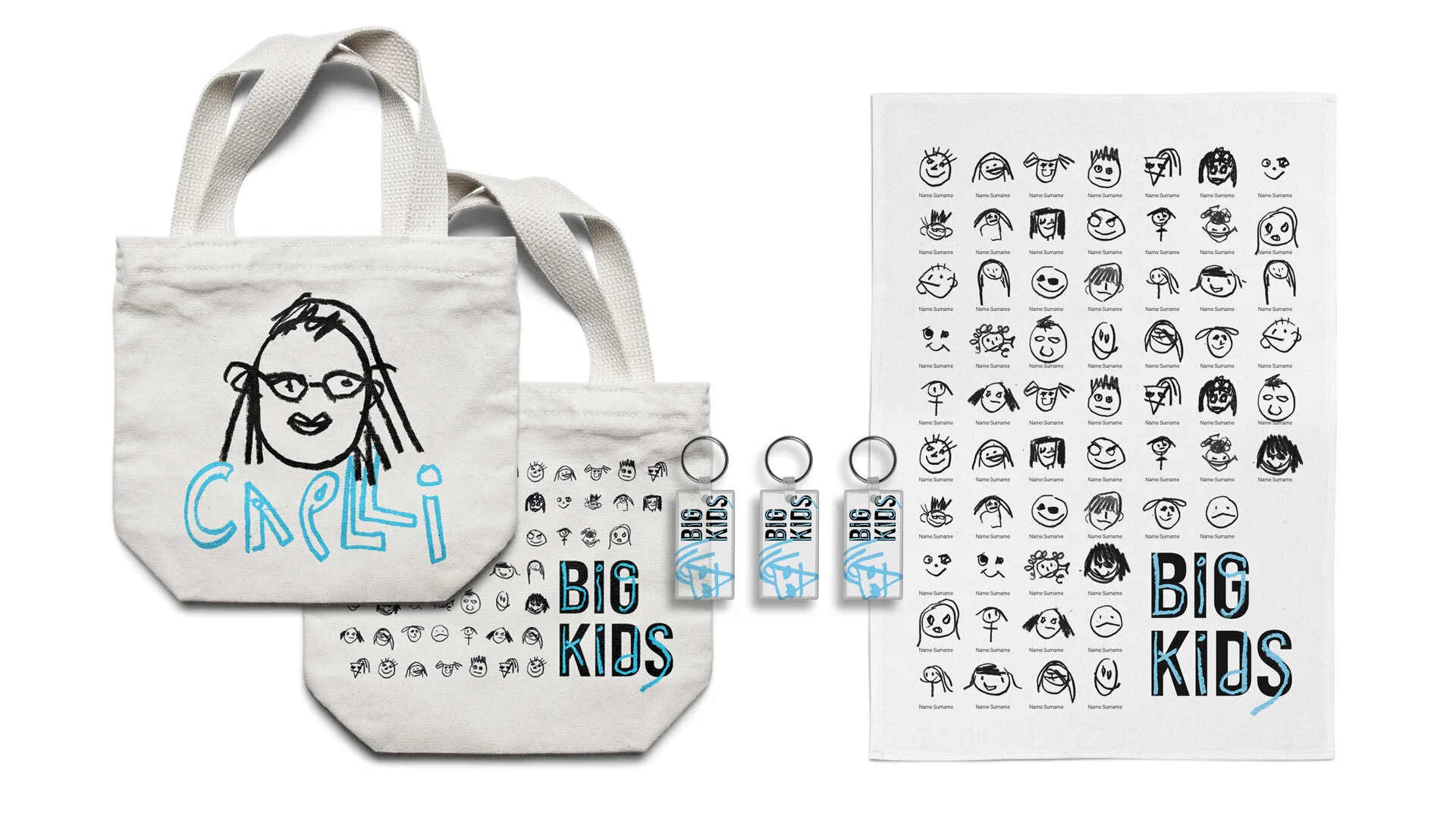 Above: Event Merchandising (Tutor Totes, Key-Chains, Tea Towel)